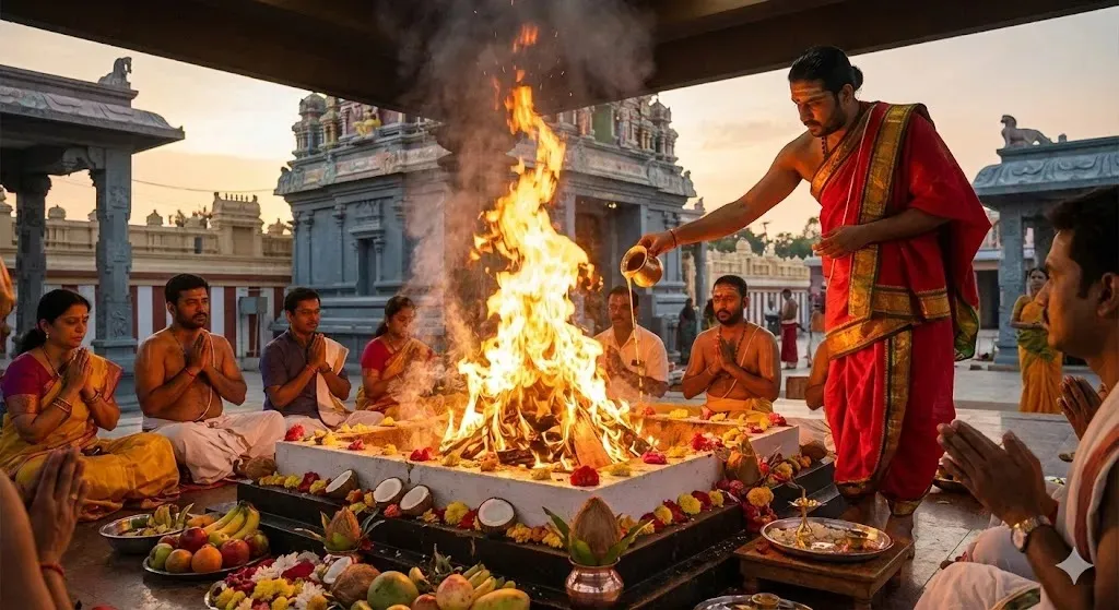 A priest performing a fire offering at a temple courtyard